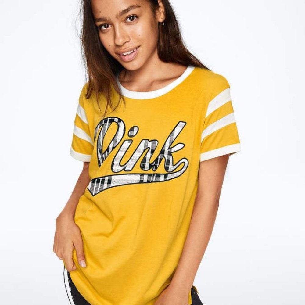 VS PINK Campus Ringer Tee Yellow Plaid Logo L